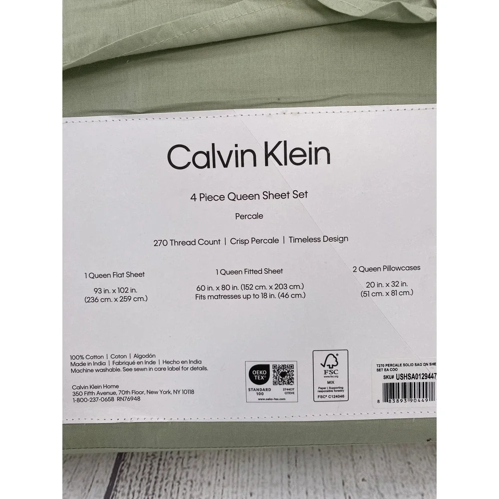 Calvin Klein Sheet Set Queen Sage Green Cotton Percale 270TC Earthy Modern